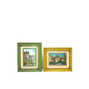 Set of Two Signed Grappo Original Oil Paitings, European Landscape and Cityscape